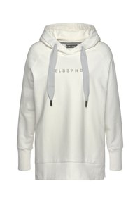 White hoodie made of soft fabric with a drawstring hood, raglan sleeves, and a ribbed hem. Features "ELBSAND" logo in light gray.
