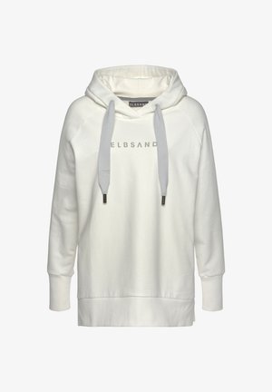Weißer Hoodie aus weichem Stoff mit Kapuze und Kordelzug, Raglanärmel und geripptem Saum. Mit "ELBSAND"-Logo in Hellgrau.