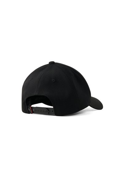 Schwarze Baseballmütze mit gebogenem Schirm, verstellbarem Snapback-Verschluss und strukturiertem Stoff. Mit einem dezenten Logo-Label auf der Rückseite.