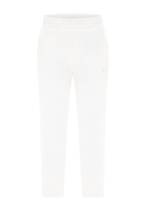 Witte joggingbroek met een elastische tailleband, taps toelopende pijpen en een klein logo. Gemaakt van zachte stof met een gladde textuur.