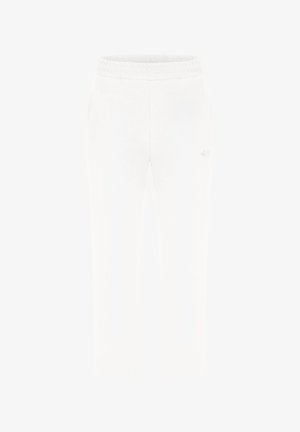 Witte joggingbroek met een elastische tailleband, taps toelopende pijpen en een klein logo. Gemaakt van zachte stof met een gladde textuur.