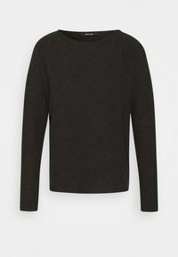 Černý top s dlouhým rukávem a kulatým výstřihem, vyrobený z texturované látky. Jednoduchý design s volným střihem a bez viditelných kovových prvků.