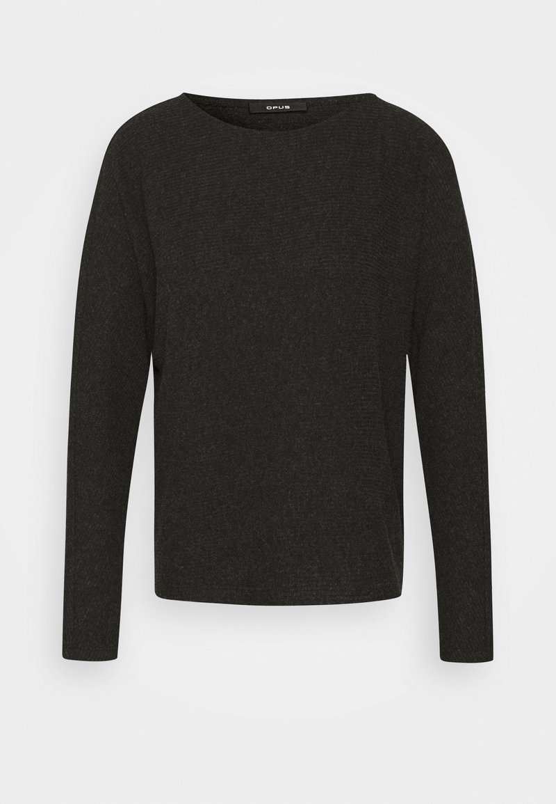 Černý top s dlouhým rukávem a kulatým výstřihem, vyrobený z texturované látky. Jednoduchý design s volným střihem a bez viditelných kovových prvků.