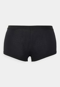 Biancheria intima nera con un design corto e aderente. Realizzata in un tessuto liscio con una leggera lucentezza. Presenta un'ampia cintura elastica e bordi puliti.
