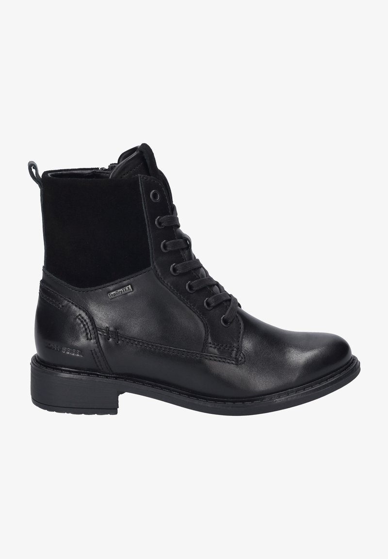 Bottines noires en cuir et daim, dotées d'un laçage, d'un bout rond et d'une semelle en caoutchouc texturé. Doublure imperméable incluse.