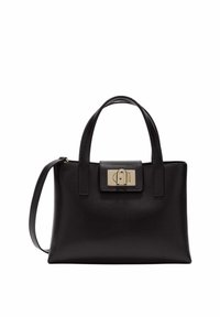 Sac à main en cuir noir à forme structur ée, avec deux poignées supérieures, une bandoulière réglable et une fermeture à fermoir en métal doré.