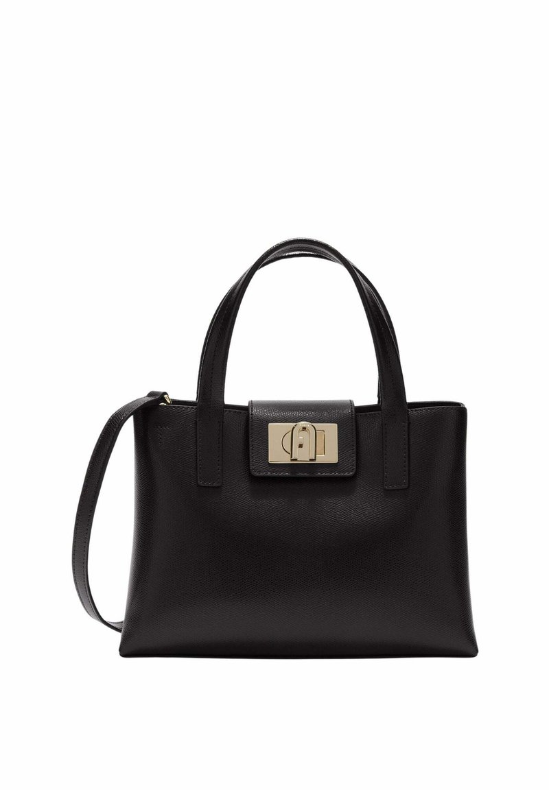 Sac à main en cuir noir à forme structurée, avec deux poignées supérieures, une bandoulière réglable et une fermeture à fermoir en métal doré.