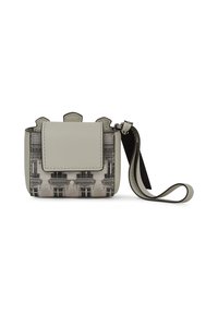 Szürke bőr táska épületek homlokzatait ábrázoló fényképes motívummal. Hajtókás záródás, felső fogantyúk és levehető pánt jellemzi.