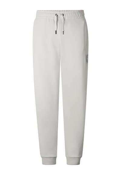 Lichtgrijze joggerbroek met elastische tailleband, trekkoorden, zijzakken, geribbelde enkelboorden en subtiel geborduurd detail op het rechterbeen.
