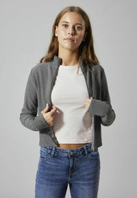 Veste zippée grise à manches longues, coupe ajustée et col montant. Portée sur une chemise blanche à manches courtes et un jean bleu. Texture lisse.