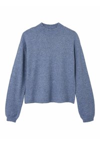 Pull bleu tricoté avec un col rond, des  épaules tombantes et des manches longues. Texture douce, ourlet court et poignets côtelés.