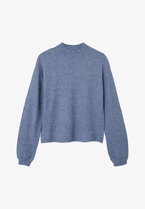 Pull bleu tricoté avec un col rond, des épaules tombantes et des manches longues. Texture douce, ourlet court et poignets côtelés.