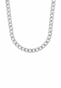 Zilveren ketting met in elkaar grijpende schakels, gepolijste afwerking en een soepele textuur. Geschikt voor zowel casual als formele kleding.