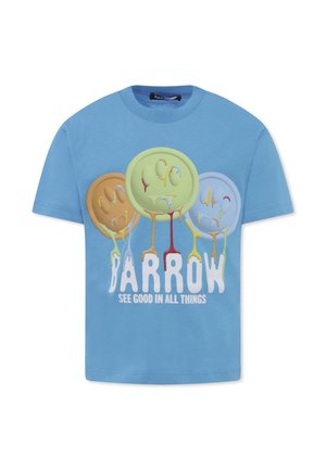 T-shirt in cotone blu con quattro grafiche di palloncini colorati, dettagli gocciolanti giocosi e testo bianco in grassetto: "BARROW SEE GOOD IN ALL THINGS."