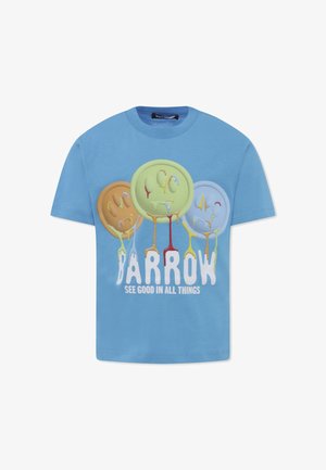 T-shirt in cotone blu con quattro grafiche di palloncini colorati, dettagli gocciolanti giocosi e testo bianco in grassetto: "BARROW SEE GOOD IN ALL THINGS."