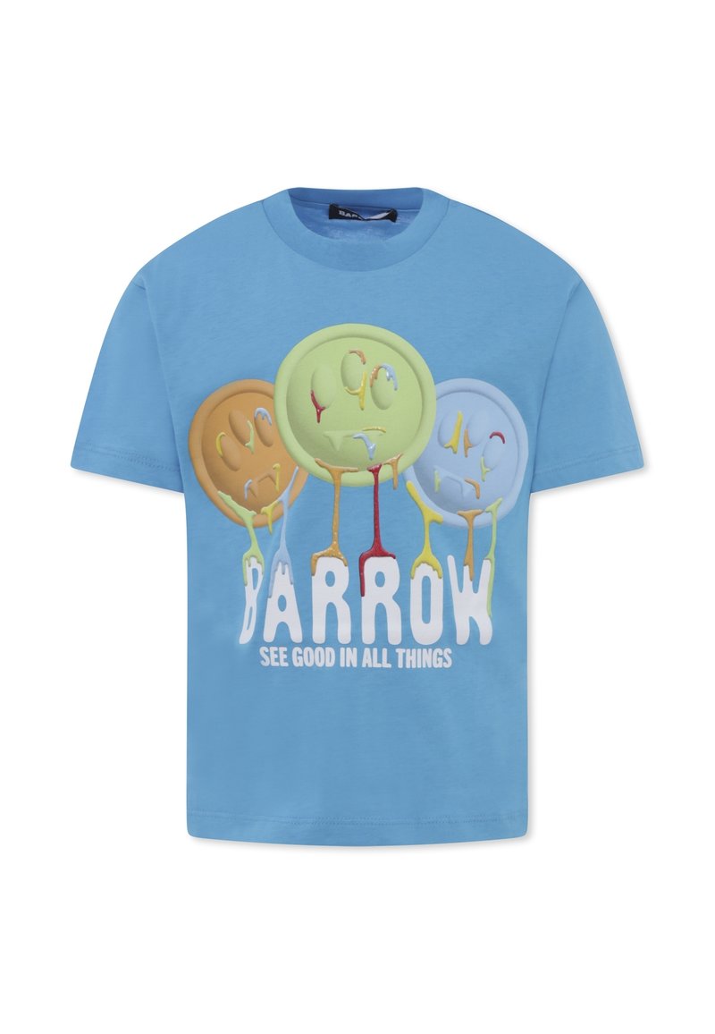 Niebieska bawełniana koszulka z czterema kolorowymi grafikami balonów z zabawnymi kroplami oraz wyrazistym białym napisem: "BARROW SEE GOOD IN ALL THINGS."
