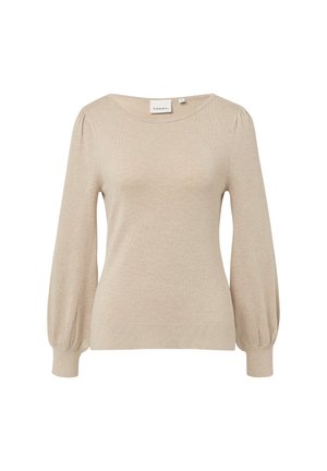 Beiges Strickpullover mit langen Puffärmeln, rundem Halsausschnitt und gerippten Bündchen und Saum. Weiche Textur, leichtes Material und schlichtes Design.