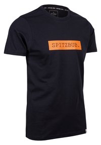 Zwarte katoenen t-shirt met korte mouwen en een ronde hals, met een oranje rechthoekig logo met de tekst "SPITZBUB."