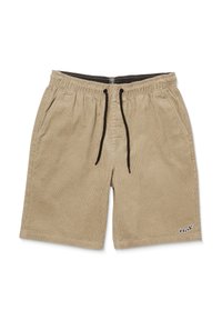 Beige fløjlsshorts med elastisk talje og sort snøre, med sidelommer og et lille logo nederst til venstre.