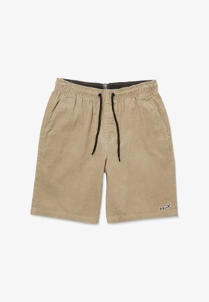 Beige fløjlsshorts med elastisk talje og sort snøre, med sidelommer og et lille logo nederst til venstre.