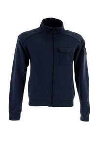 Giacca zip-up blu navy realizzata in pile. Presenta un colletto alto, una tasca sul petto e polsini a coste, con una texture liscia e un design minimalista.