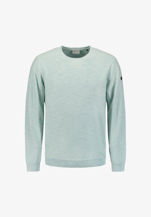 Lichtgroene pullover met ronde hals, ribgebreide mouwen en onderkant. Zachte structuur met een subtiel gemêleerd patroon; klein zwart logo detail.