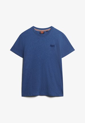 T-shirt bleu à manches courtes en tissu texturé, avec un col rond et un petit logo brodé sur la zone gauche de la poitrine.