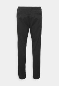 Black trousers with a straight fit, made of cotton blend fabric. Features two back pockets and a smooth texture. Simple design with minimal detail.