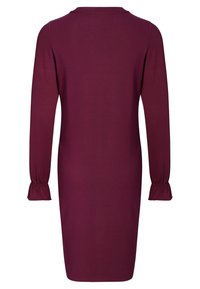 Burgundská šaty s dlouhými rukávy, kulatým výstřihem a nařasenými elastickými manžetami. Hladká, elastická látka s přiléhavým střihem.