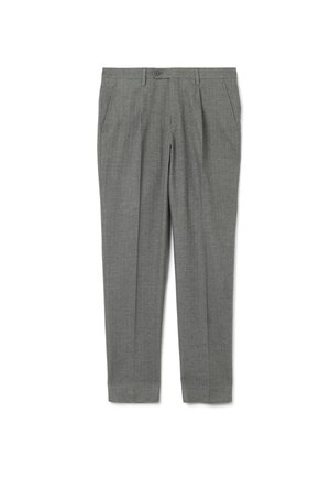 Graue, maßgeschneiderte Hose mit vorderen Falten, Seitentaschen, Gürtelschlaufen und Knopfverschluss vor weißem Hintergrund.