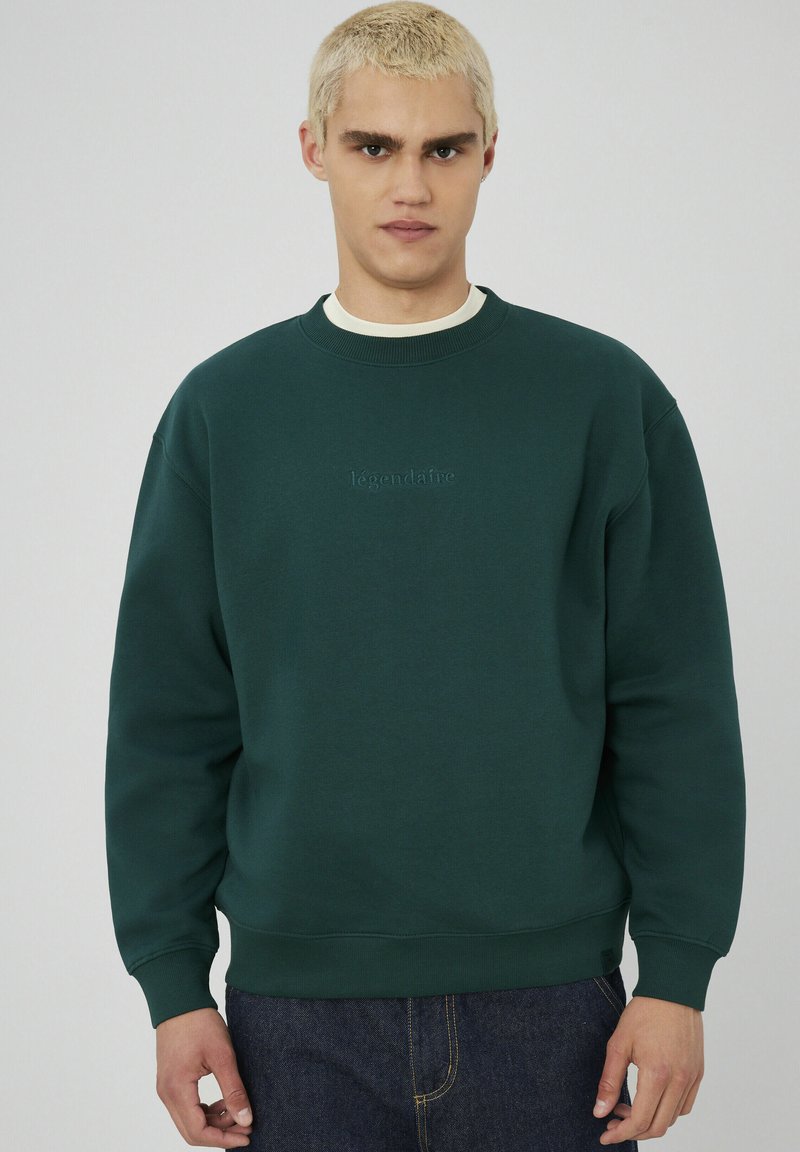 Sweatshirt vert en mélange de coton, avec un col ras du cou, des poignets côtelés et un logo brodé discret à l'avant. Matière lourde, coupe décontractée.