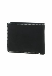Black leather wallet with white stitching, bi-fold design, smooth texture, and no visible branding or embellishments.