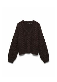 Pull en maille torsadée marron foncé avec un col en V, texture épaisse et manches longues et larges. Arrive juste au-dessus de la taille avec un ourlet côtelé.