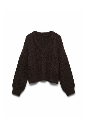 Pull en maille torsadée marron foncé avec un col en V, texture épaisse et manches longues et larges. Arrive juste au-dessus de la taille avec un ourlet côtelé.