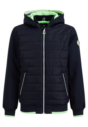 Veste matelassée bleu marine avec capuche, fermeture éclair blanche, poches latérales, poignets élastiques et doublure intérieure ainsi que bordure vert fluo.
