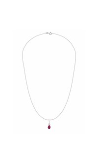 Srebrny naszyjnik z łańcuszkiem, z zawieszką w kształcie czerwonego, gruszkowatego kamienia szlachetnego z dekoracyjną oprawą i zapięciem na karabińczyk.