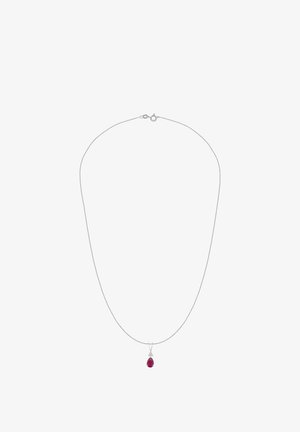 Silver chain necklace featuring a pear-shaped red gemstone pendant with a decorative setting and a lobster clasp closure.