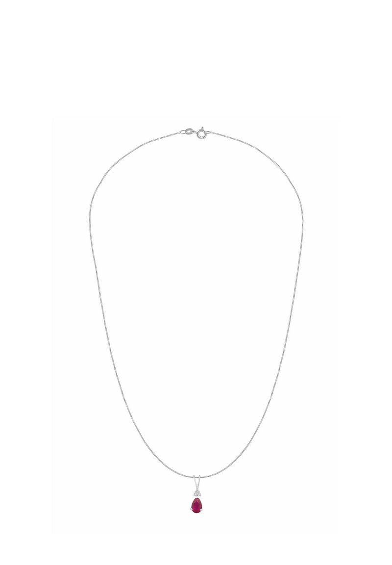 Srebrny naszyjnik z łańcuszkiem, z zawieszką w kształcie czerwonego, gruszkowatego kamienia szlachetnego z dekoracyjną oprawą i zapięciem na karabińczyk.