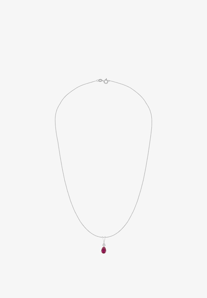 Srebrny naszyjnik z łańcuszkiem, z zawieszką w kształcie czerwonego, gruszkowatego kamienia szlachetnego z dekoracyjną oprawą i zapięciem na karabińczyk.