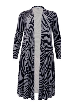 Zwart-wit gestreepte lange cardigan met een ontspannen pasvorm, met een open front en ribbeltextuur over de hele lengte.