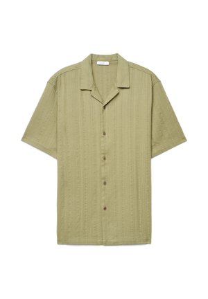 Light olive green short-sleeve button-up shirt with a camp collar and subtle vertical textured pattern.