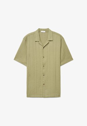 Light olive green short-sleeve button-up shirt with a camp collar and subtle vertical textured pattern.
