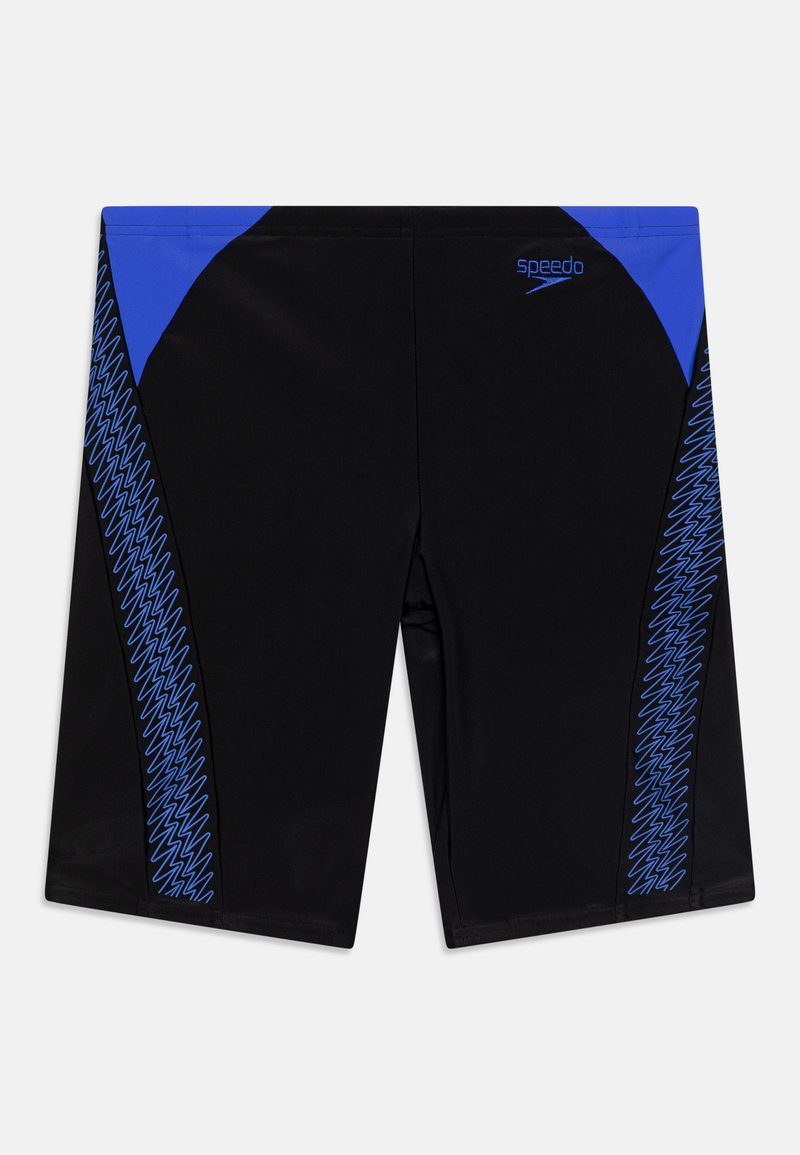 Black swim shorts with blue accents. Features zigzag pattern along the sides. Made from lightweight, quick-drying material.