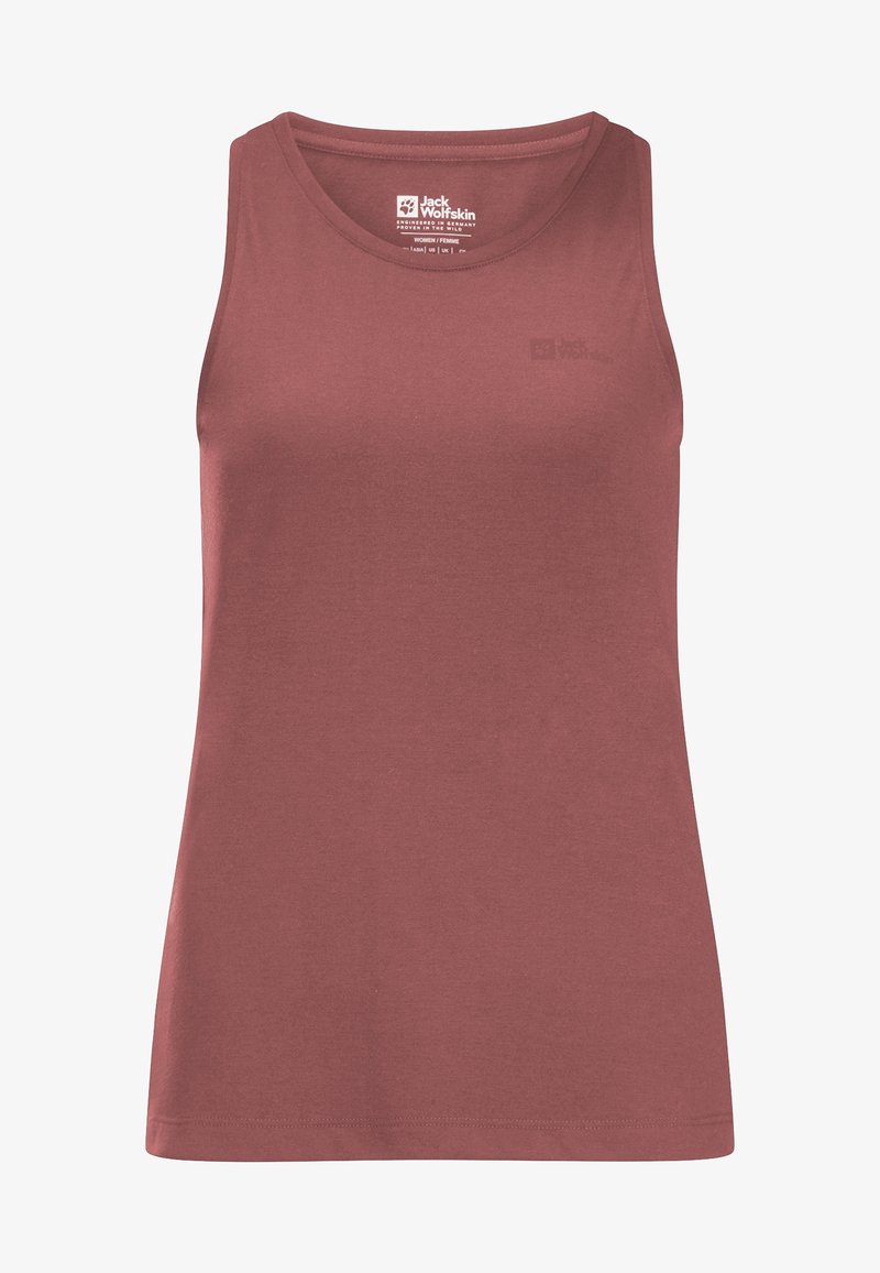 Débardeur de sport pour femme sans manches couleur rose poussiéreux, avec encolure ronde et discret logo Jack Wolfskin sur la poitrine.