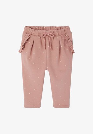 Pink cotton blend pants with ruffled side accents, elastic waistband, and drawstring, featuring small gold heart patterns throughout.