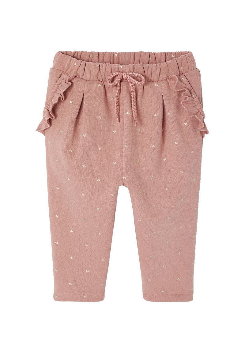 Rosa Baumwollmischungshosen mit Rüschendetails an den Seiten, elastischem Bund und Kordelzug, die kleine goldene Herzmuster aufweisen.