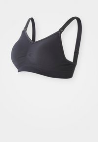 Černý bralet s nastavitelnými ramínky, hladkým materiálem, V-čkovým výstřihem, detailním shromážděním v centru a elastickým podprasním pro podporu.