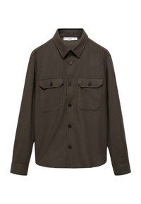 Dark green button-up shirt made of brushed fabric, featuring two chest pockets, a spread collar, and long sleeves with buttoned cuffs.