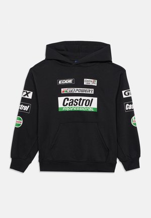 Sudadera negra con capucha con logotipos de Castrol Professional y GTX Power1 en el frente y las mangas, bolsillo canguro, puños y dobladillo acanalados.