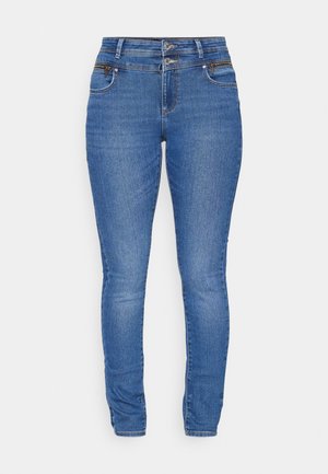 Skinny blue denim jeans with a classic five-pocket design, featuring a zip fly and button closure. Smooth texture with slight fading details.